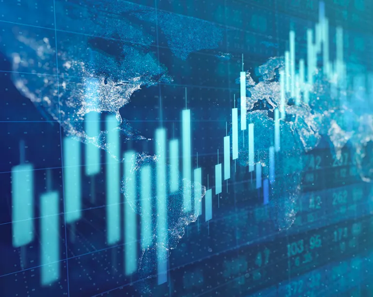 Candlestick chart with world map background.